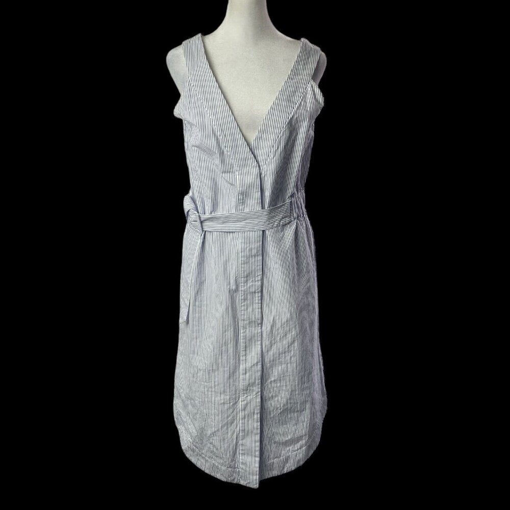 SEA NY Women Midi Sleeveless V Neck Snap Front Belted Dress Sz 2 White‎ Blue